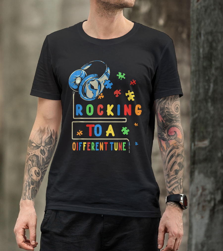 Rocking To A Different Tune Autism Awareness Headphones Puzzle Pieces T-Shirt