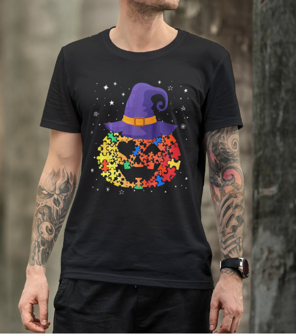 Pumpkin Autism Awareness Halloween Witch Hat Puzzle Piece T-Shirt