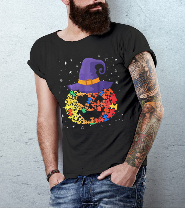 Pumpkin Autism Awareness Halloween Witch Hat Puzzle Piece T-Shirt