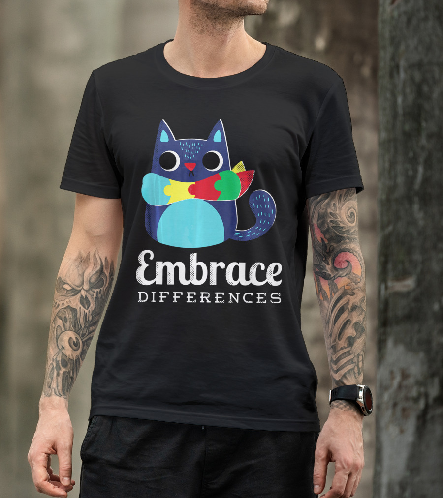 Embrace Differences Autism Support Awareness Puzzle Cat T-Shirt