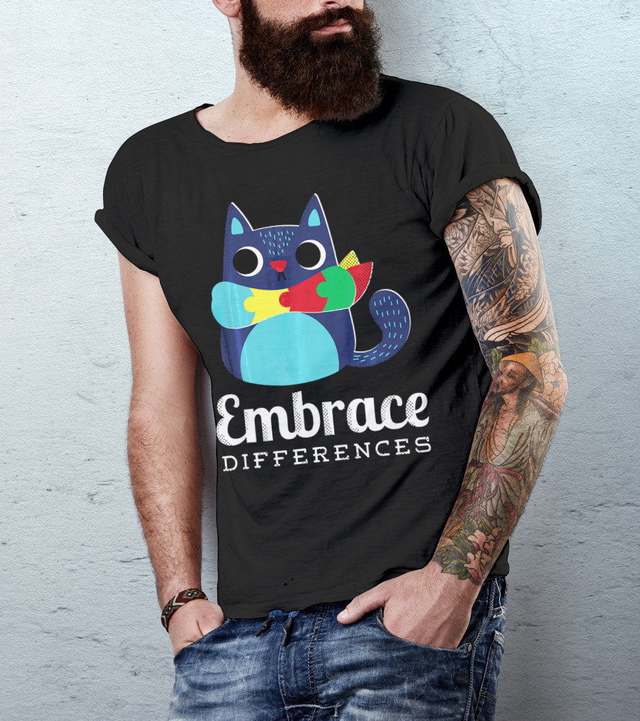 Embrace Differences Autism Support Awareness Puzzle Cat T-Shirt