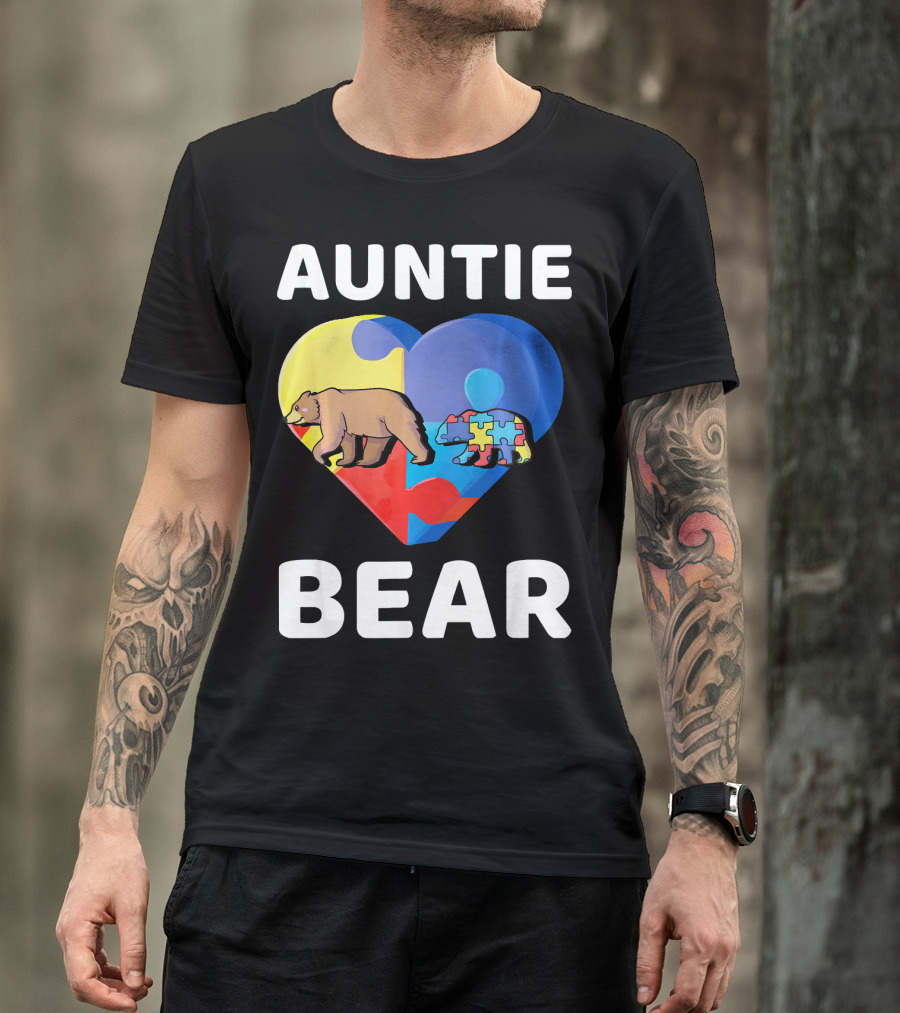 Auntie Bear Heart Puzzle Autism Awareness T-Shirt