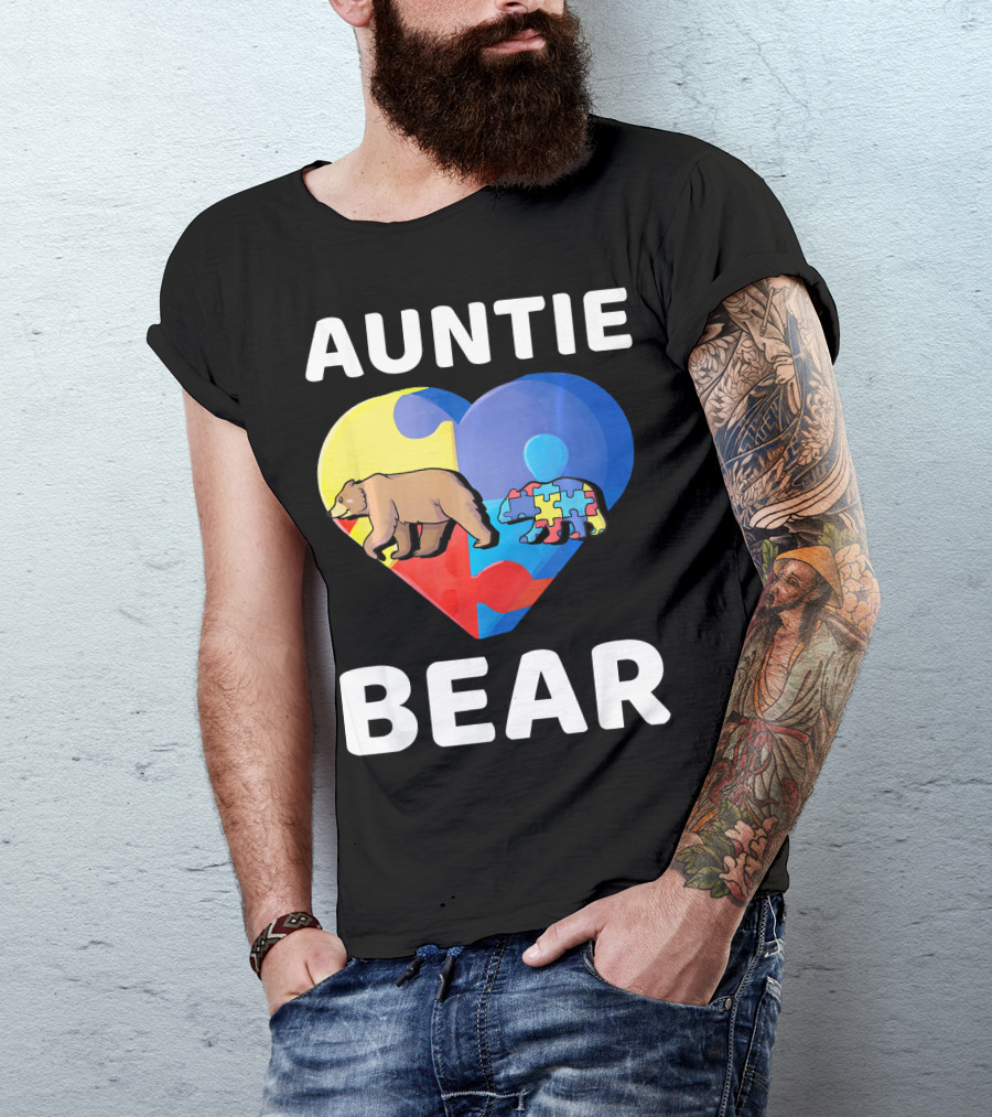 Auntie Bear Heart Puzzle Autism Awareness T-Shirt