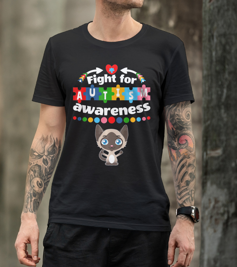 Fight For Autism Awareness Cat Puzzle Heart T-Shirt