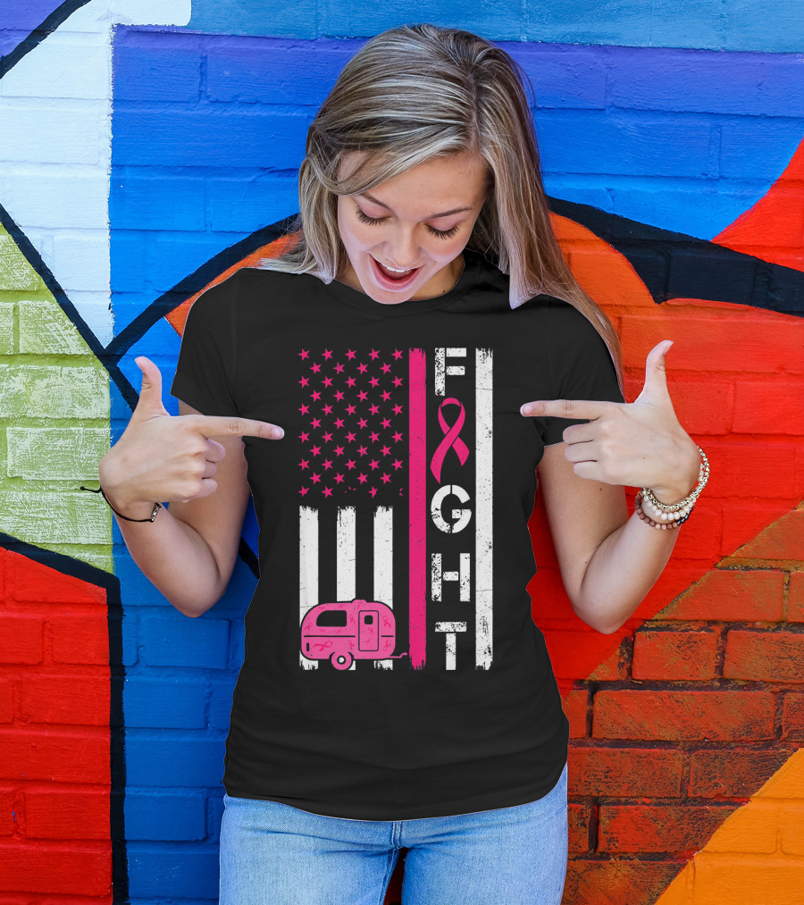 Fight Cancer Ribbon Camping Van American Flag T-Shirt