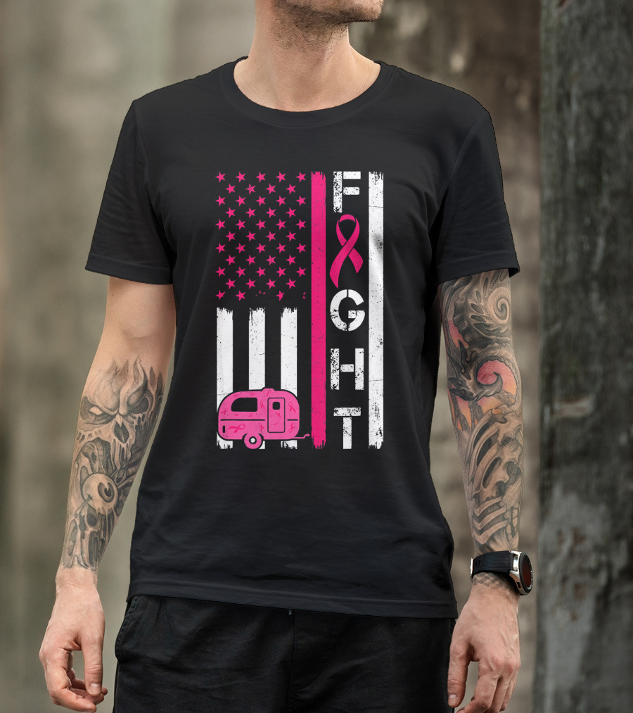 Fight Cancer Ribbon Camping Van American Flag T-Shirt