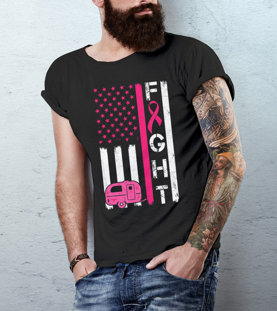 Fight Cancer Ribbon Camping Van American Flag T-Shirt