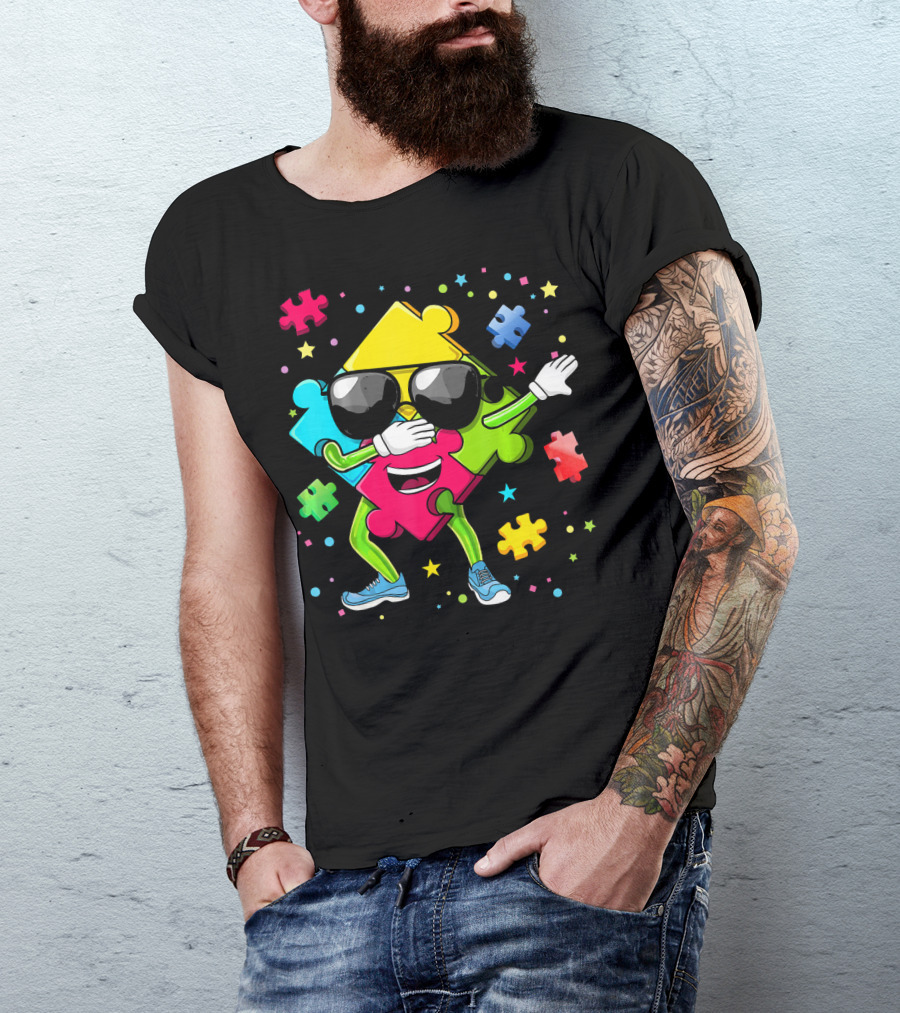 Dabbing Puzzle Piece Funny Autism Awareness Colorful T-Shirt