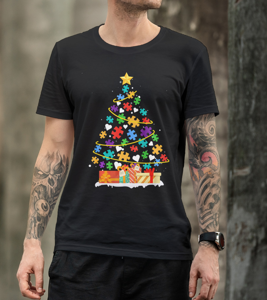 Autism Awareness Puzzle Piece Christmas Tree With Gifts And Hearts T-Shirt