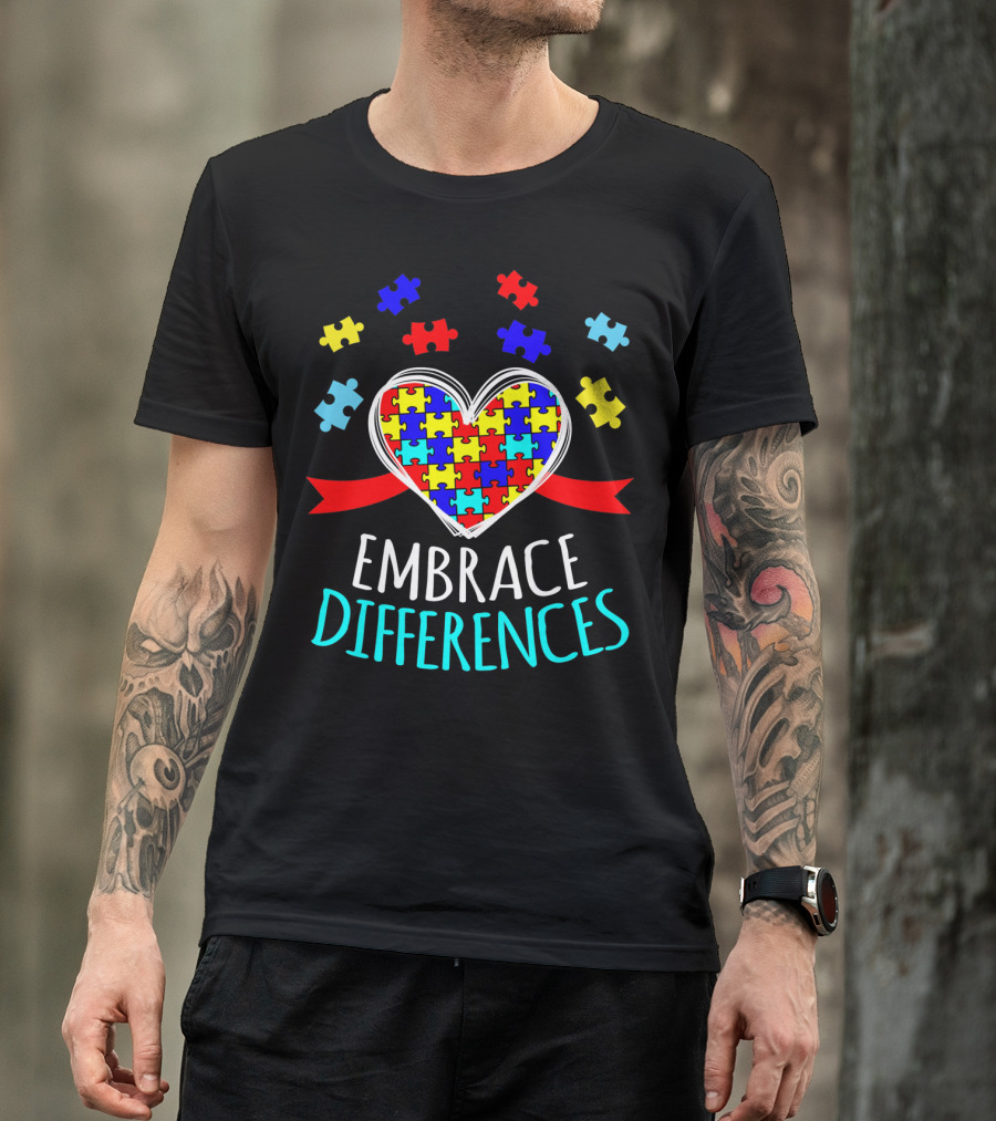 Embrace Differences Autism Awareness Heart Puzzle Pieces T-Shirt