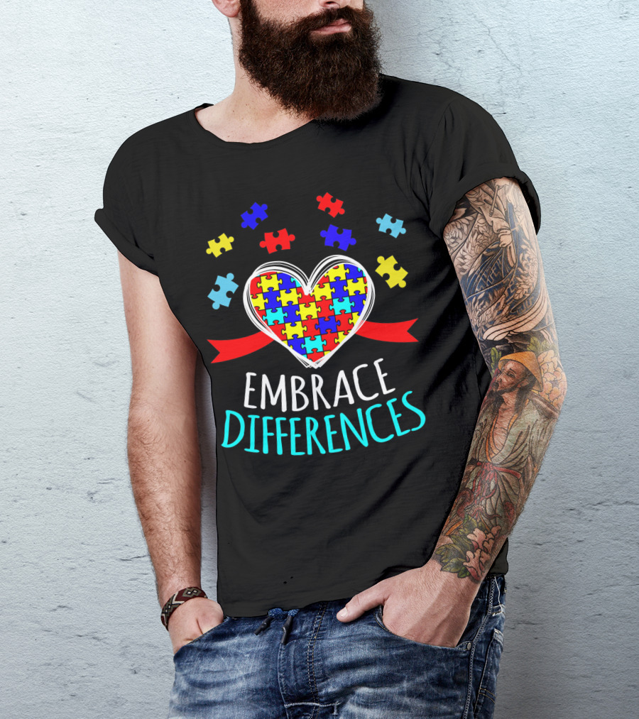 Embrace Differences Autism Awareness Heart Puzzle Pieces T-Shirt