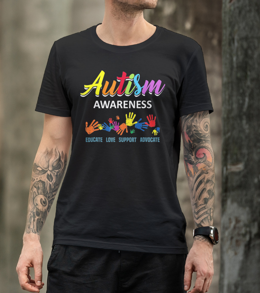 Autism Awareness Educate Love Support Advocate Rainbow Handprints T-Shirt