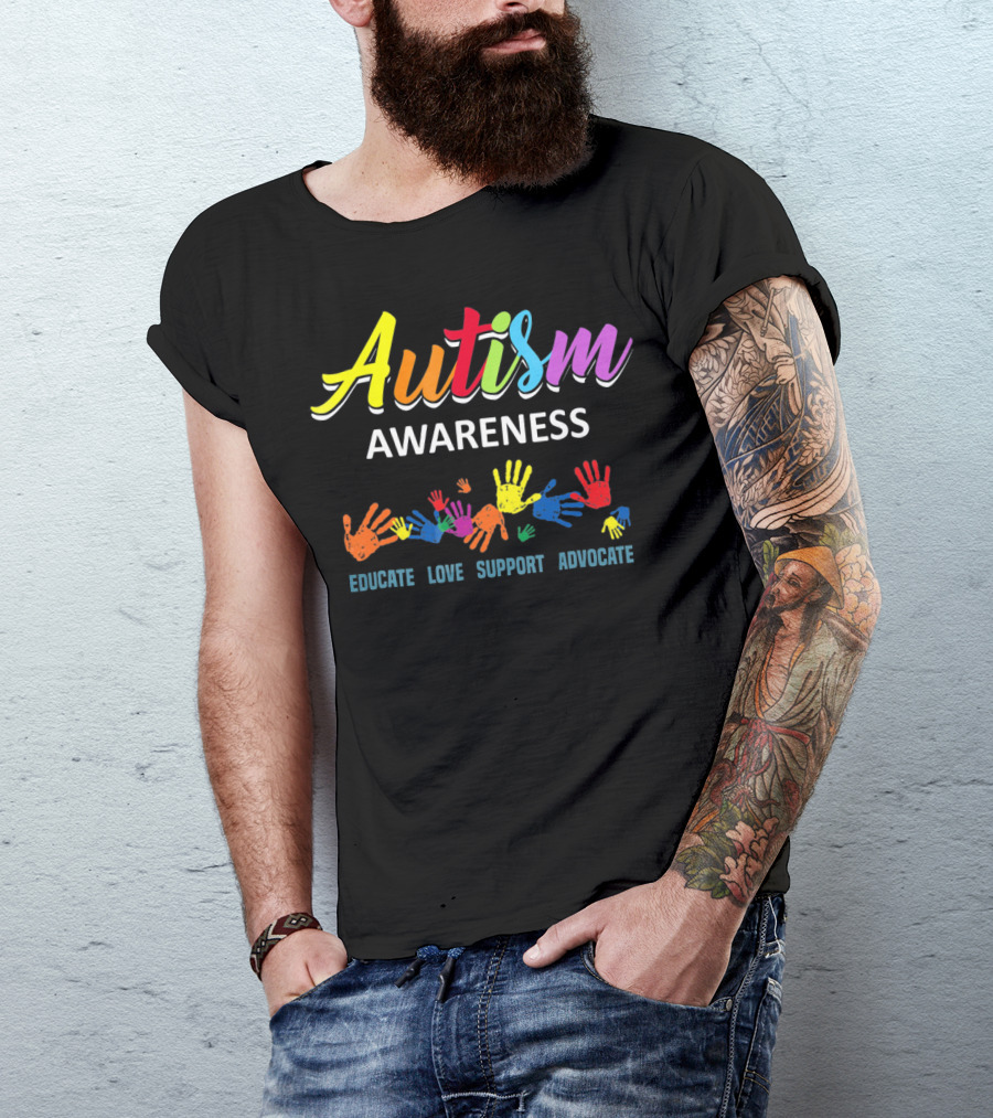 Autism Awareness Educate Love Support Advocate Rainbow Handprints T-Shirt