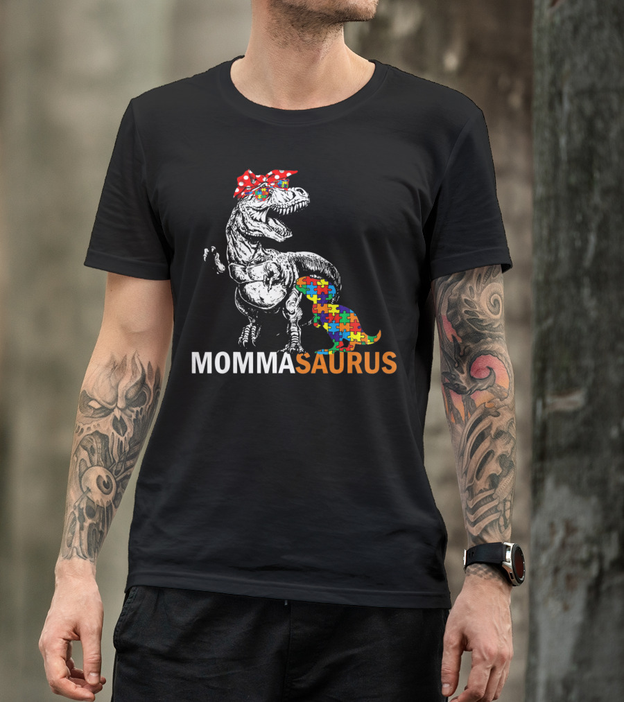 Momma Saurus Dinosaur With Autism Puzzle T-Shirt