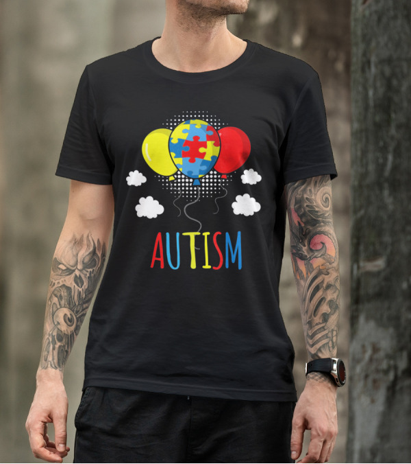 Autism Awareness Puzzle Piece Balloons With Colorful Clouds T-Shirt