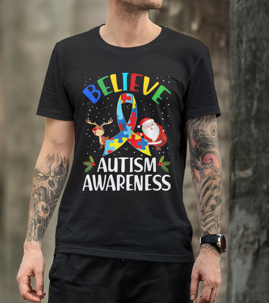 Believe Autism Awareness Santa Reindeer Puzzle Christmas T-Shirt