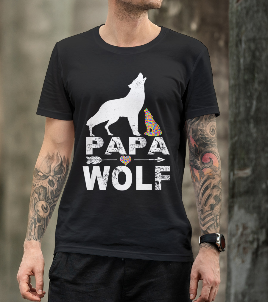 Papa Wolf Autism Awareness Puzzle Heart And Howling Pups T-Shirt