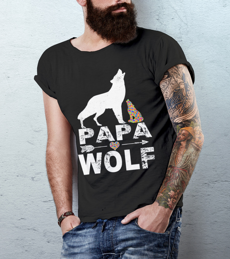 Papa Wolf Autism Awareness Puzzle Heart And Howling Pups T-Shirt