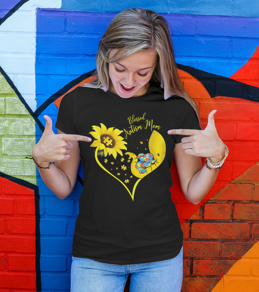Blessed Autism Mom Sunflower Elephant Puzzle Heart T-Shirt