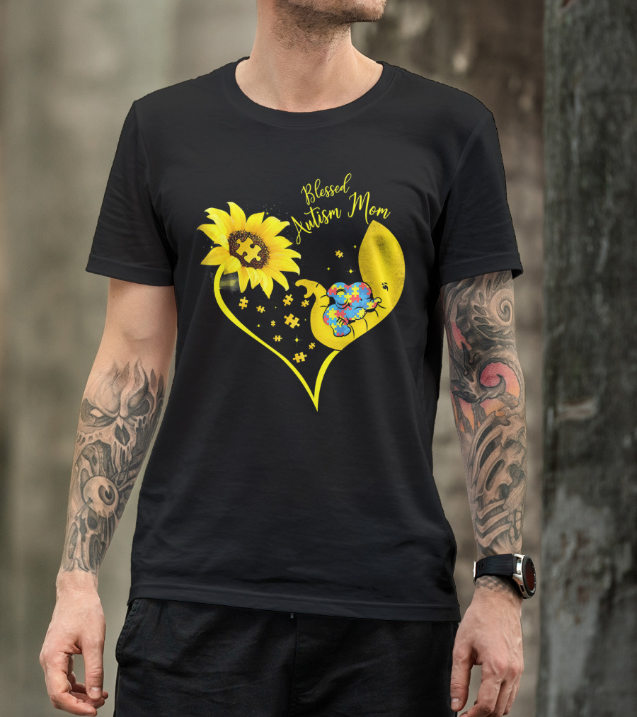 Blessed Autism Mom Sunflower Elephant Puzzle Heart T-Shirt