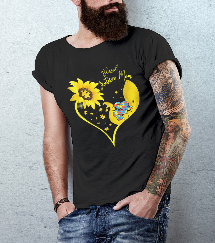 Blessed Autism Mom Sunflower Elephant Puzzle Heart T-Shirt