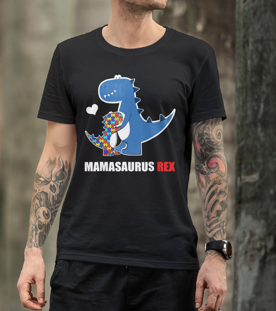 Mamasaurus Rex Autism Awareness Puzzle Heart T-Shirt
