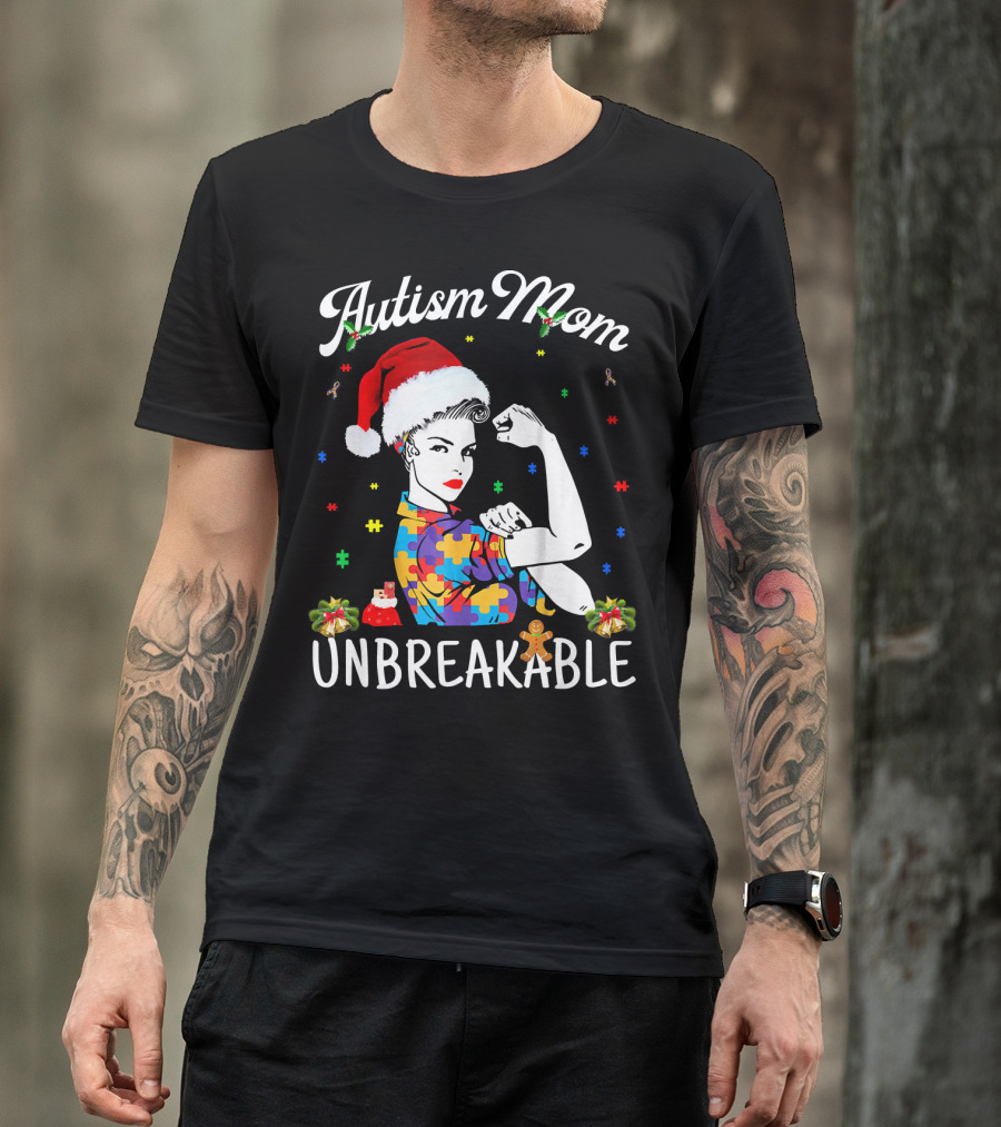 Autism Mom Unbreakable Santa Christmas Pride Puzzle Pieces T-Shirt