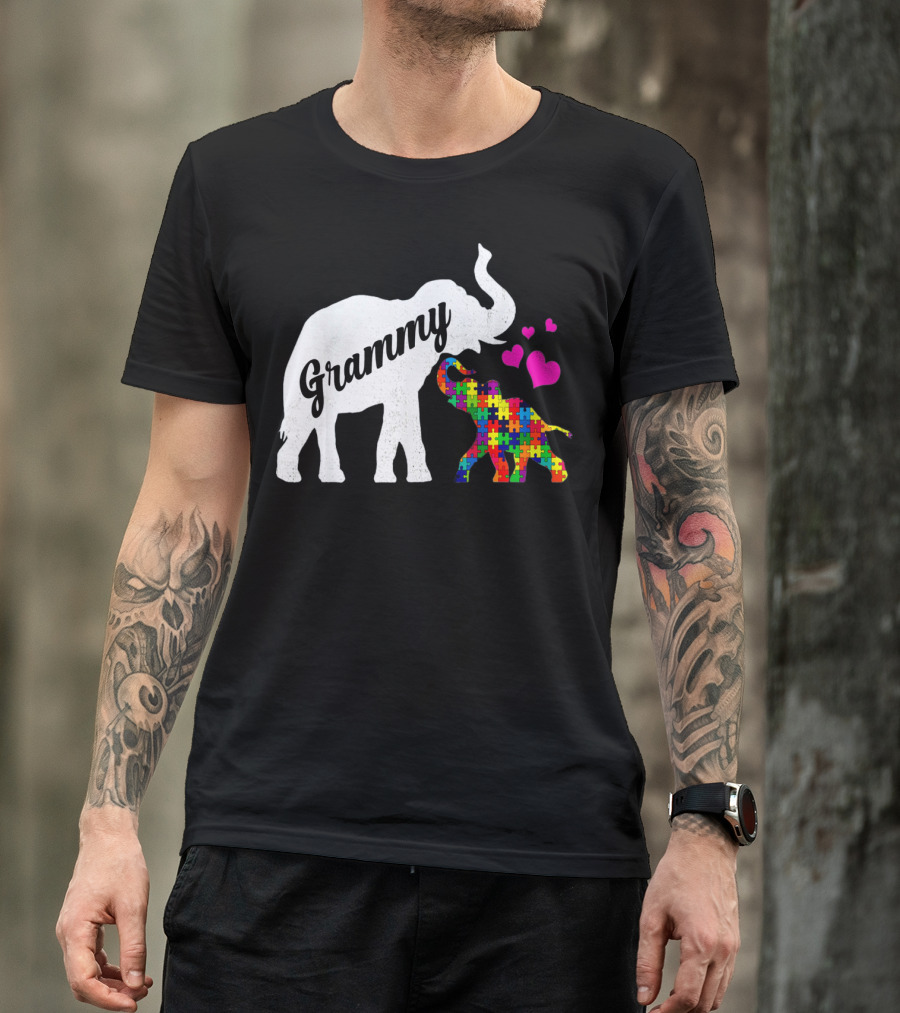 Grammy Elephant With Colorful Puzzle Piece Baby And Hearts For Autism Awareness T-Shirt