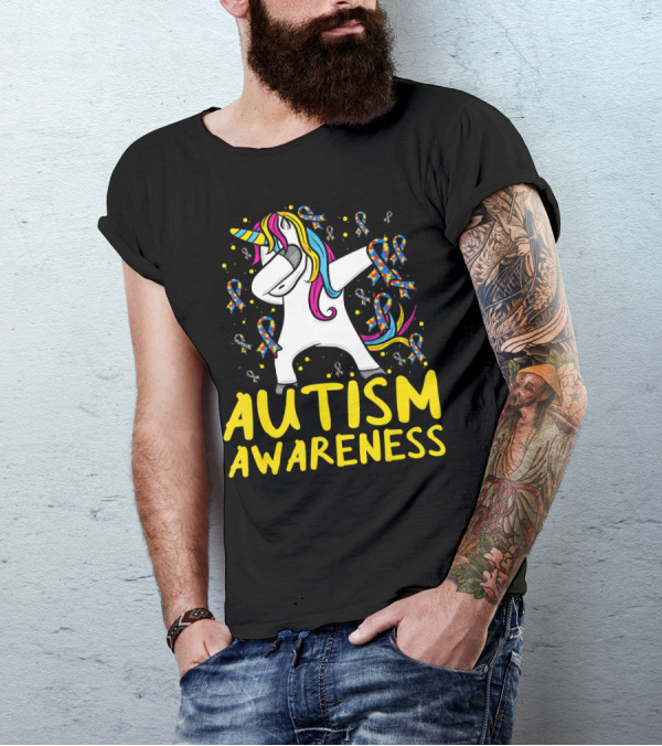 Dabbing Unicorn Puzzle Ribbon Autism Awareness T-Shirt