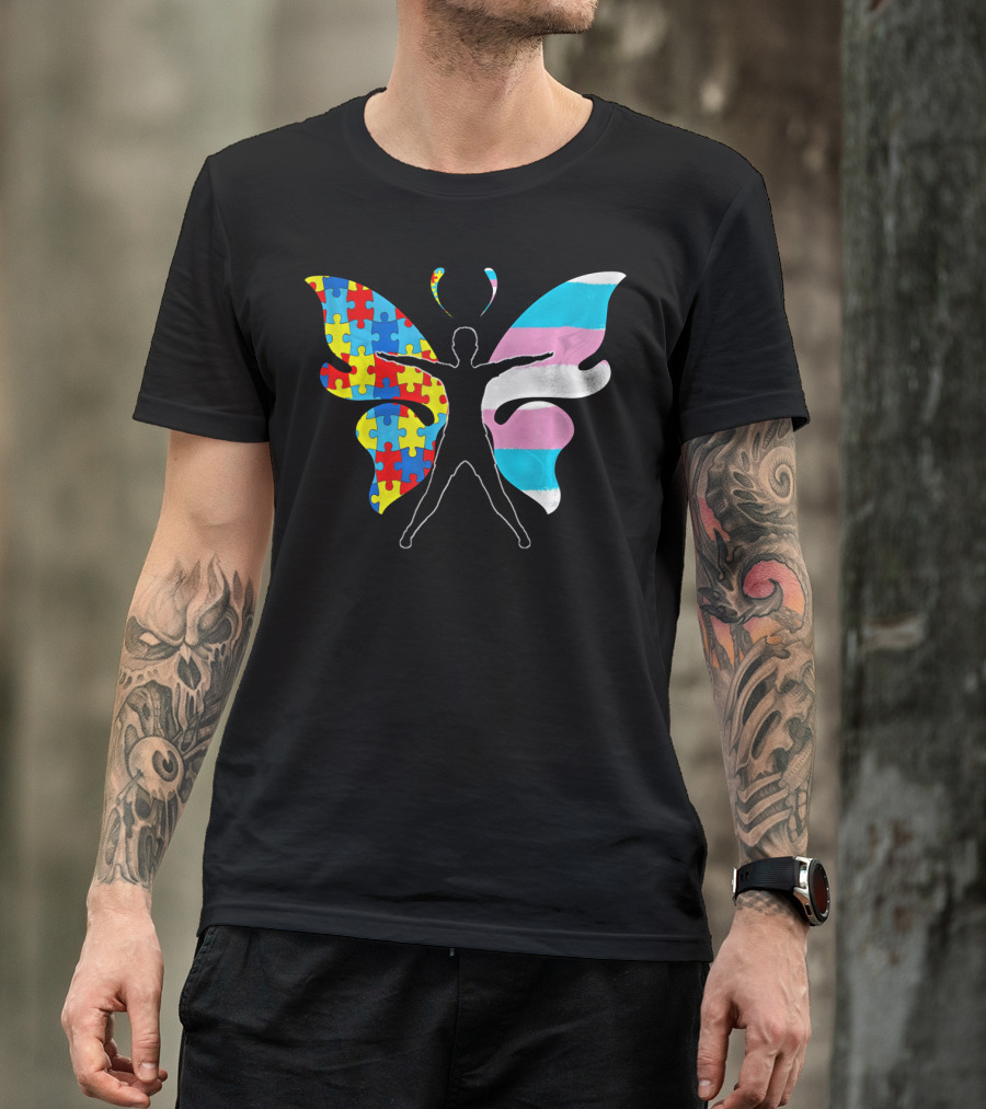 Autism Awareness Puzzle Butterfly With Transgender Flag Wings T-Shirt