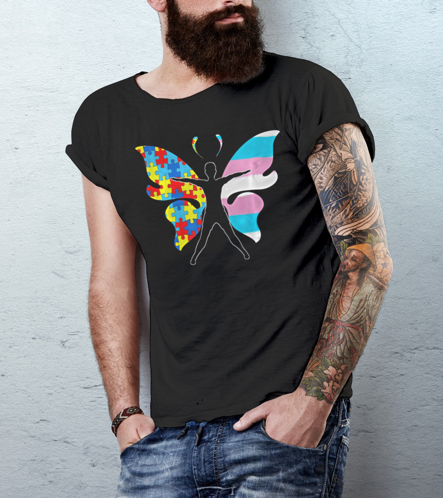 Autism Awareness Puzzle Butterfly With Transgender Flag Wings T-Shirt