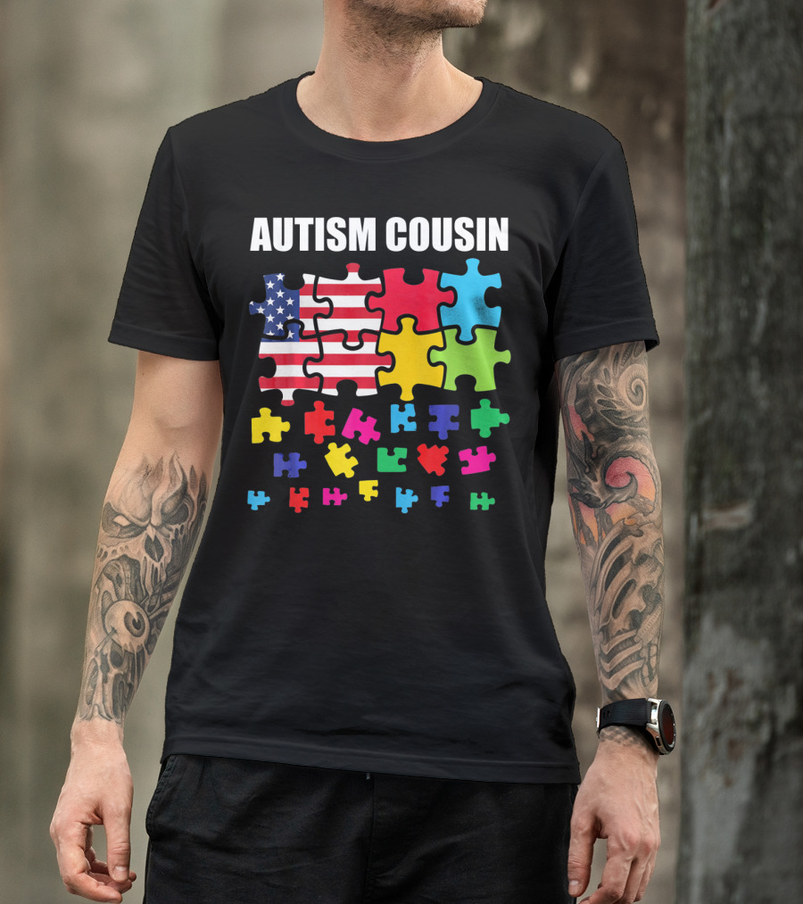 Autism Cousin Puzzle Pieces USA Flag Autism Awareness T-Shirt