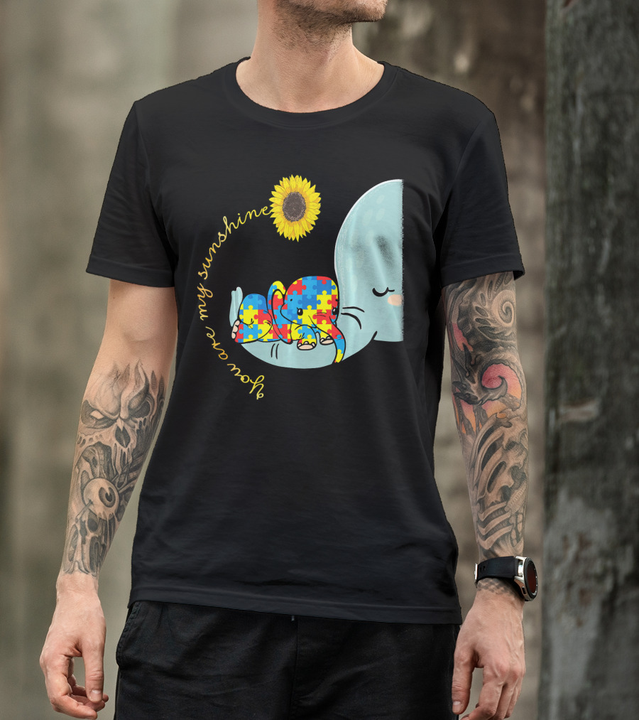 You Are My Sunshine Autism Awareness Elephant Puzzle Sunflower T-Shirt