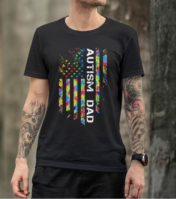 Autism Dad Puzzle Piece Flag USA Awareness T-Shirt