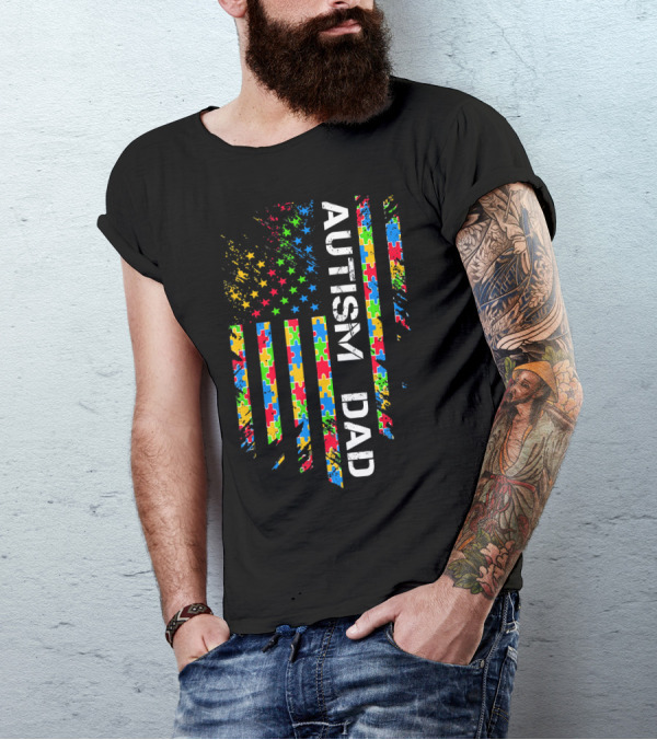Autism Dad Puzzle Piece Flag USA Awareness T-Shirt