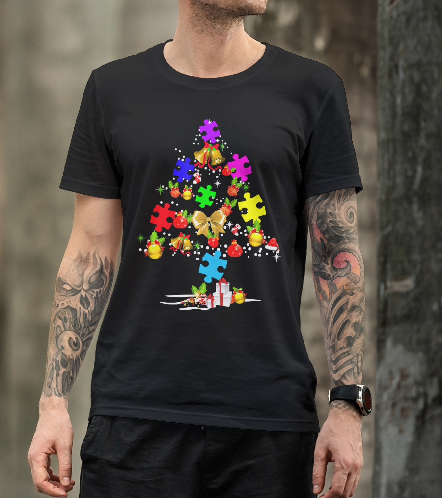 Autism Awareness Christmas Tree Puzzle Piece Ornament Festive Holiday T-Shirt