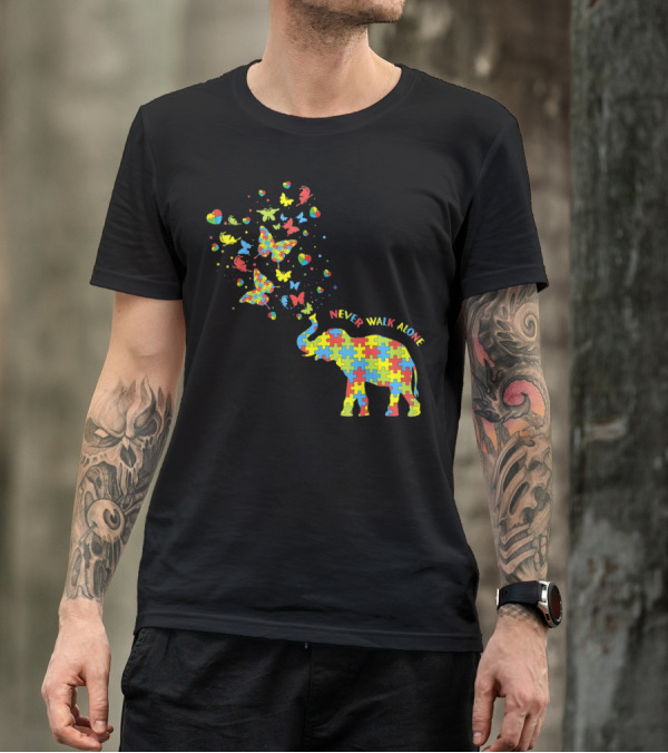 Elephants And Butterflies Autism Awareness Never Walk Alone T-Shirt