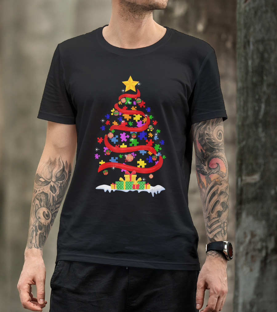 Xmas Puzzle Autism Christmas Tree With Star And Gifts T-Shirt