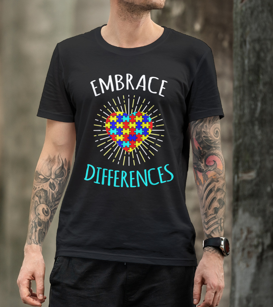 Embrace Differences Autism Awareness Puzzle Heart Rib T-Shirt