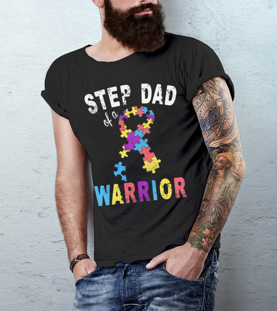 Step Dad Of A Warrior Autism Awareness Puzzle T-Shirt