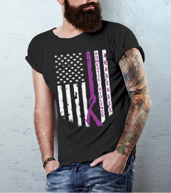 Domestic Violence Awareness Purple Ribbon American Flag T-Shirt