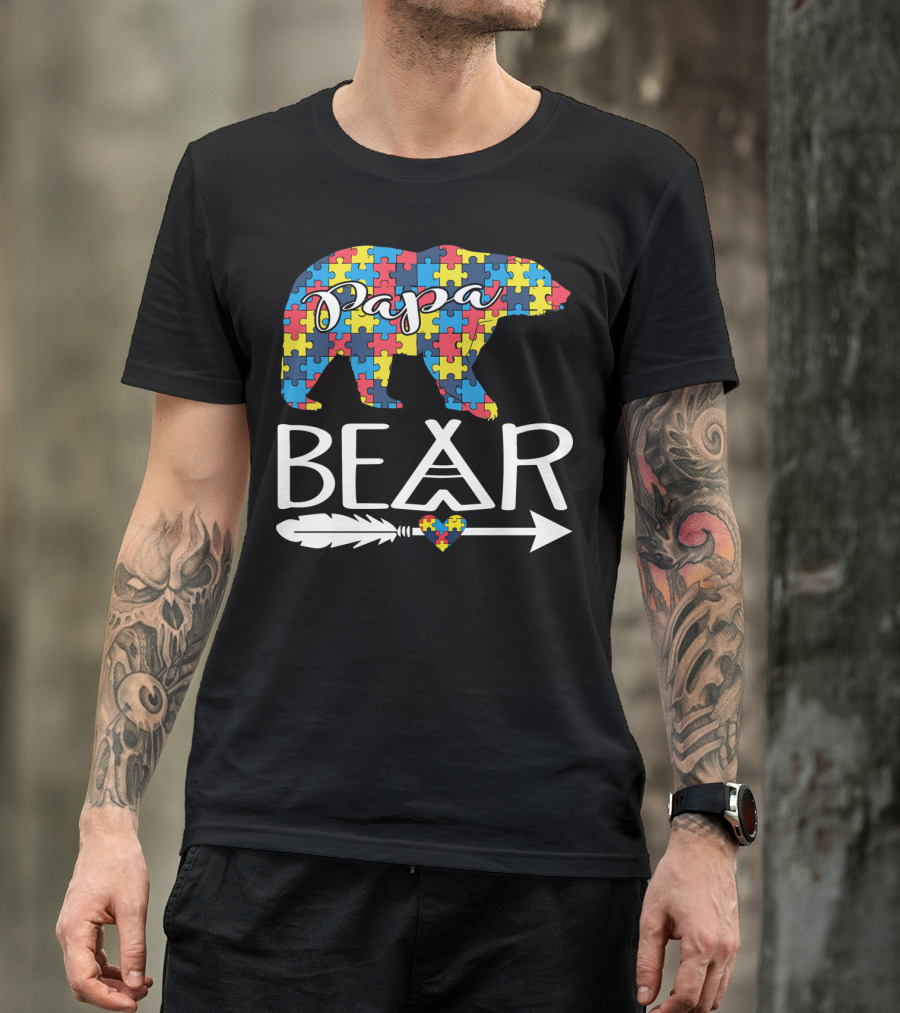 Papa Bear Puzzle Heart Autism Awareness T-Shirt