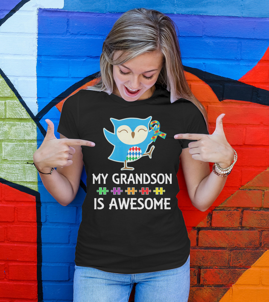 Autism Awareness My Grandson Is Awesome Owl Puzzle T-Shirt