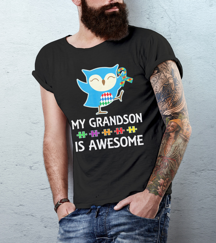 Autism Awareness My Grandson Is Awesome Owl Puzzle T-Shirt