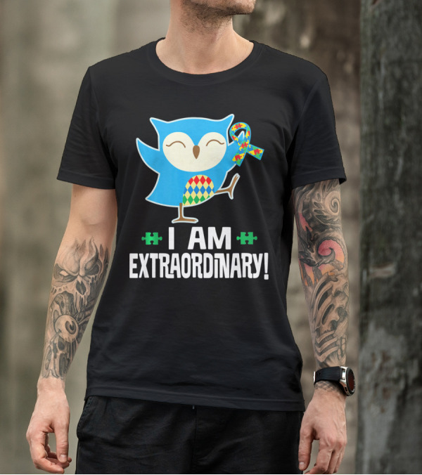I Am Extraordinary Autism Awareness Autistic Spectrum Disor Puzzle Ribbon Owl T-Shirt