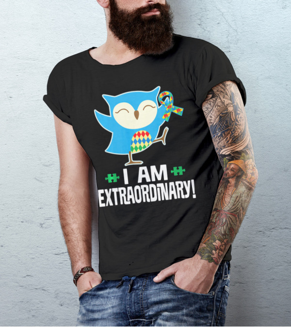 I Am Extraordinary Autism Awareness Autistic Spectrum Disor Puzzle Ribbon Owl T-Shirt