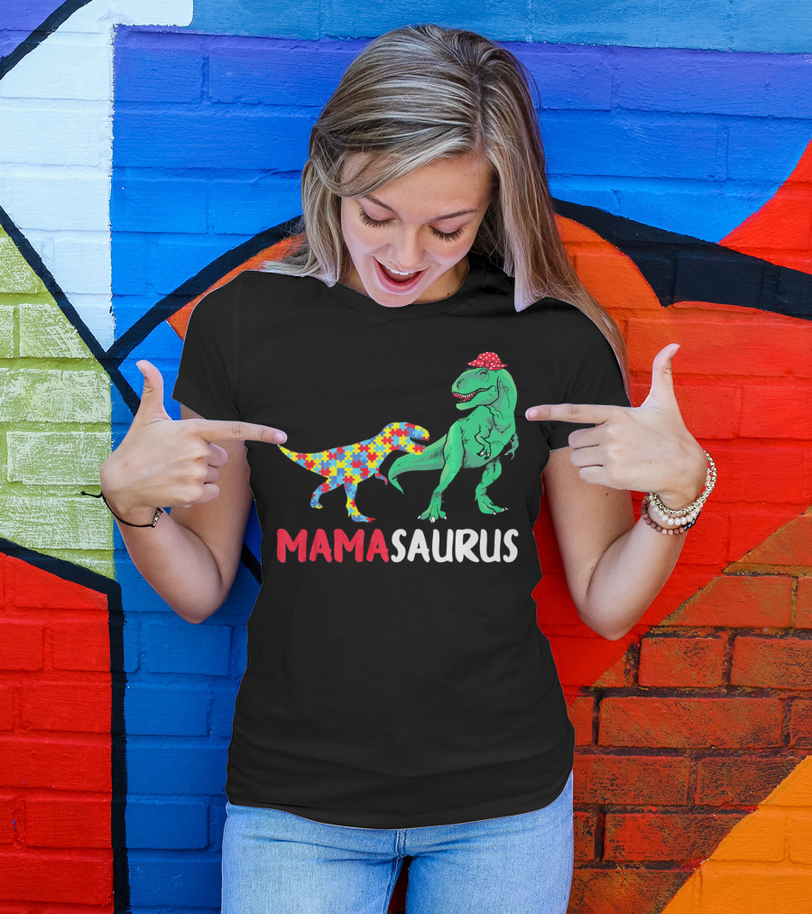 Mamasaurus Mama Dinosaur Puzzle Pattern Autism Awareness T-Shirt