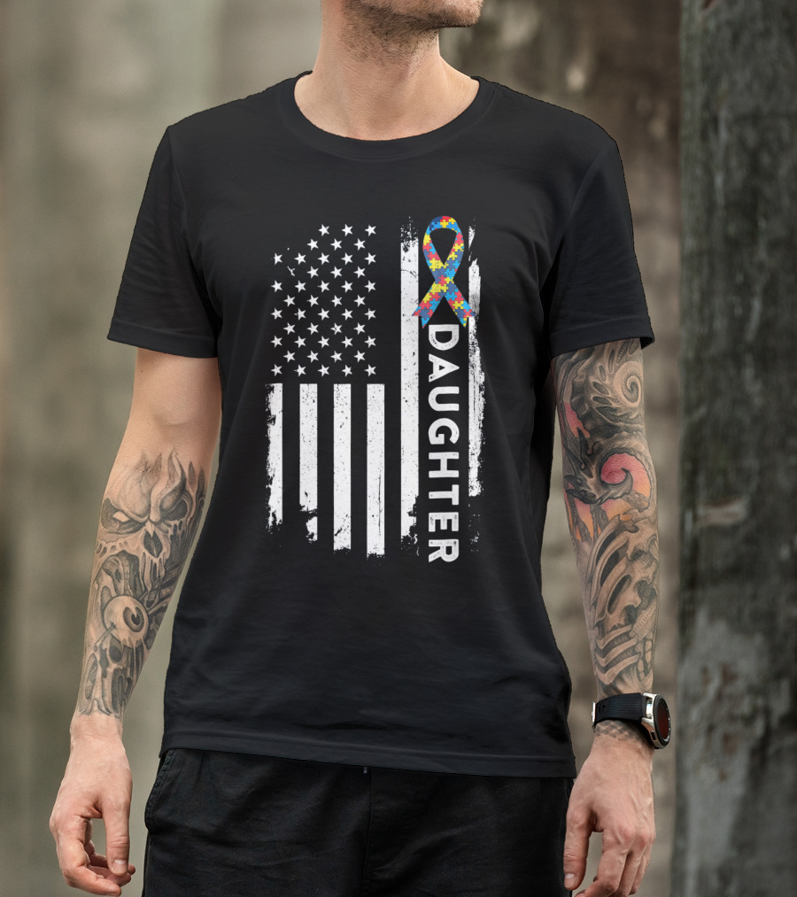 Daughter Autism Awareness American Flag Puzzle T-Shirt
