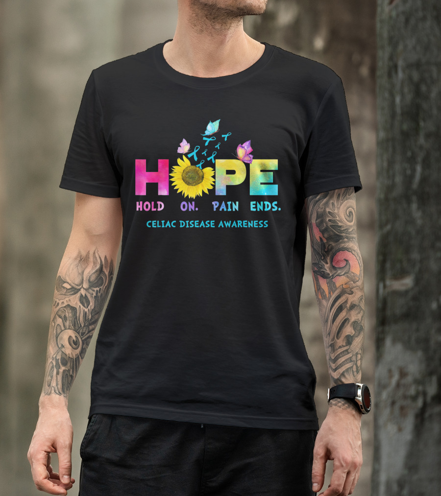 HOPE Hold On Pain Ends Celiac Disease Awareness Ribbon Sunflower Butterfly T-Shirt