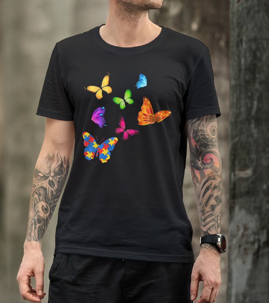 Autism Awareness Butterfly With Multicolored Puzzle T-Shirt